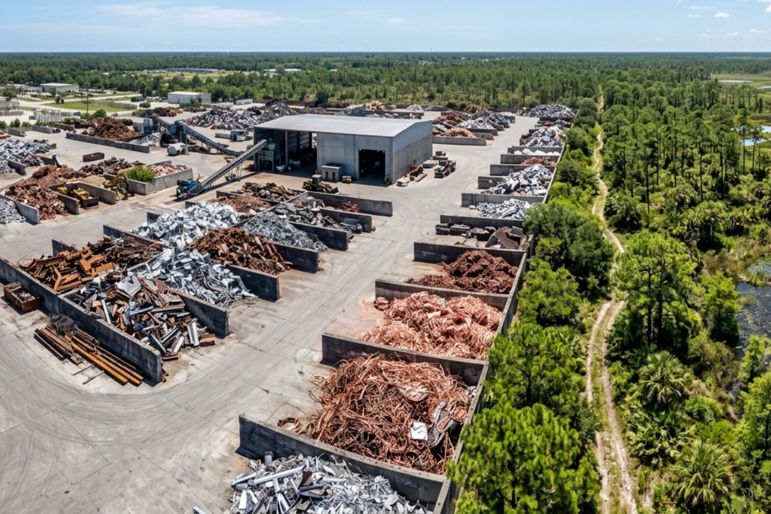 Aerial view of a sorted scrap metal yard bordering untouched Florida pine and wetland