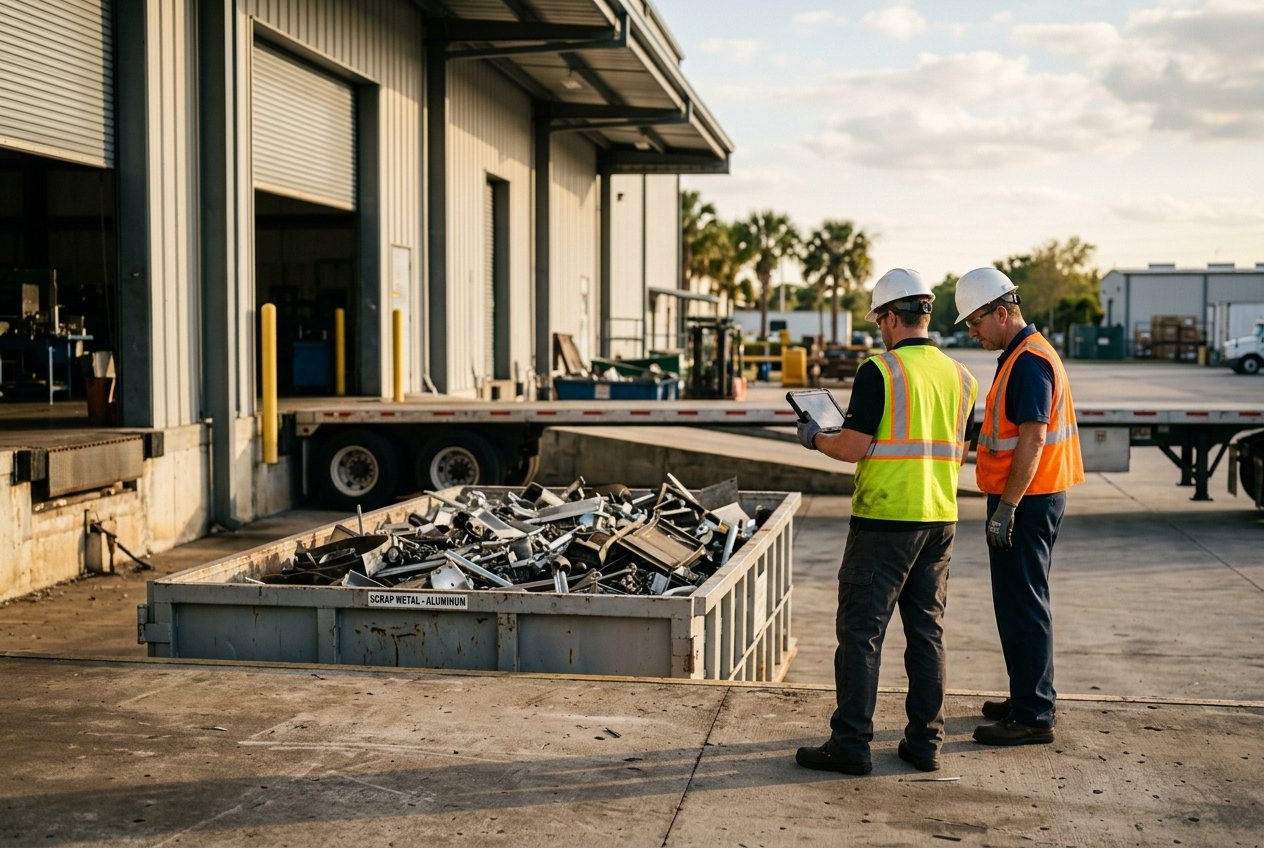 Two workers in hi-vis at a plant loading dock, reviewing a container of sorted metal on a tablet