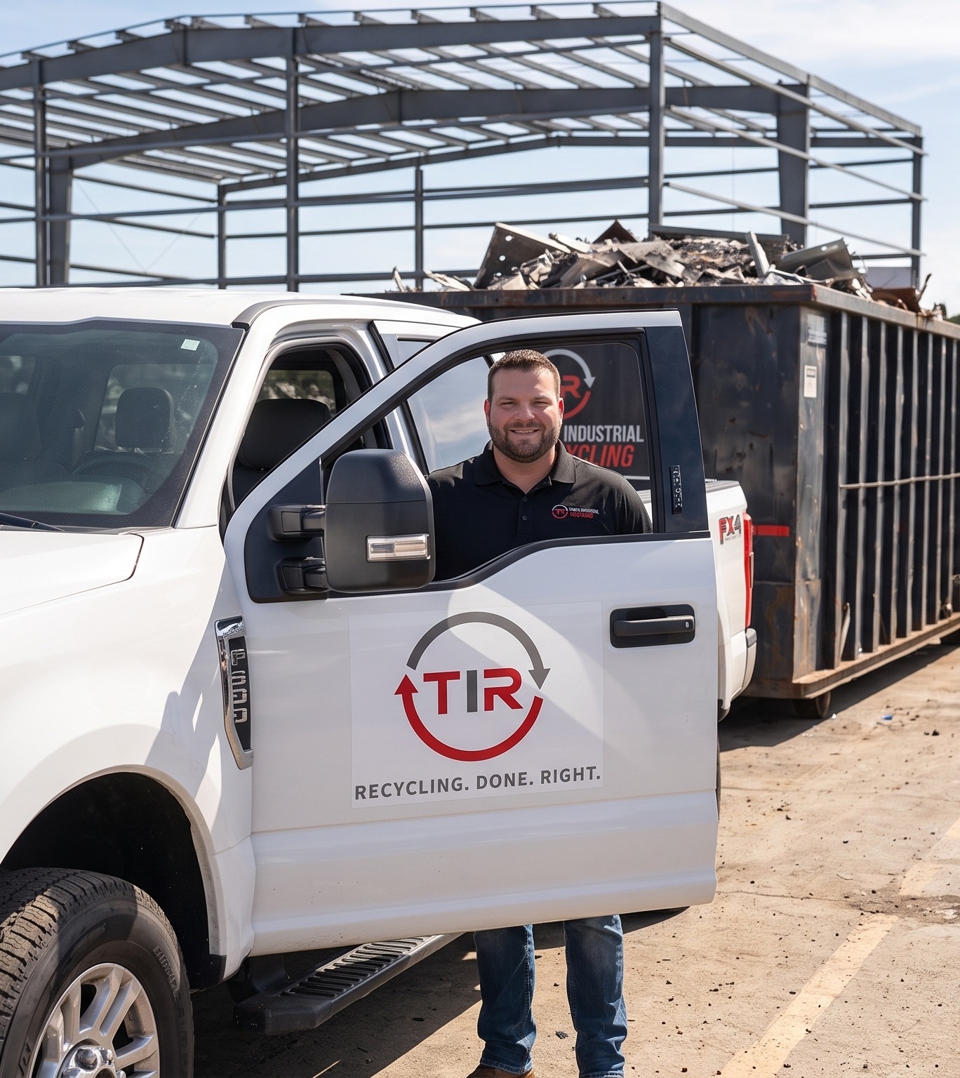 Ryan Schipkowski at the door of a TIR pickup on a job site, a roll-off of scrap behind him
