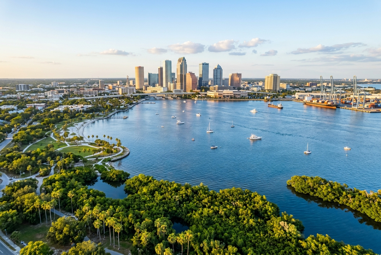 Aerial view over Tampa Bay at golden hour, downtown skyline beyond green mangrove shoreline and the working port