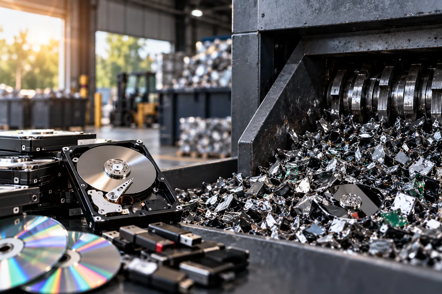 Hard drives, discs and USB media beside an industrial shredder