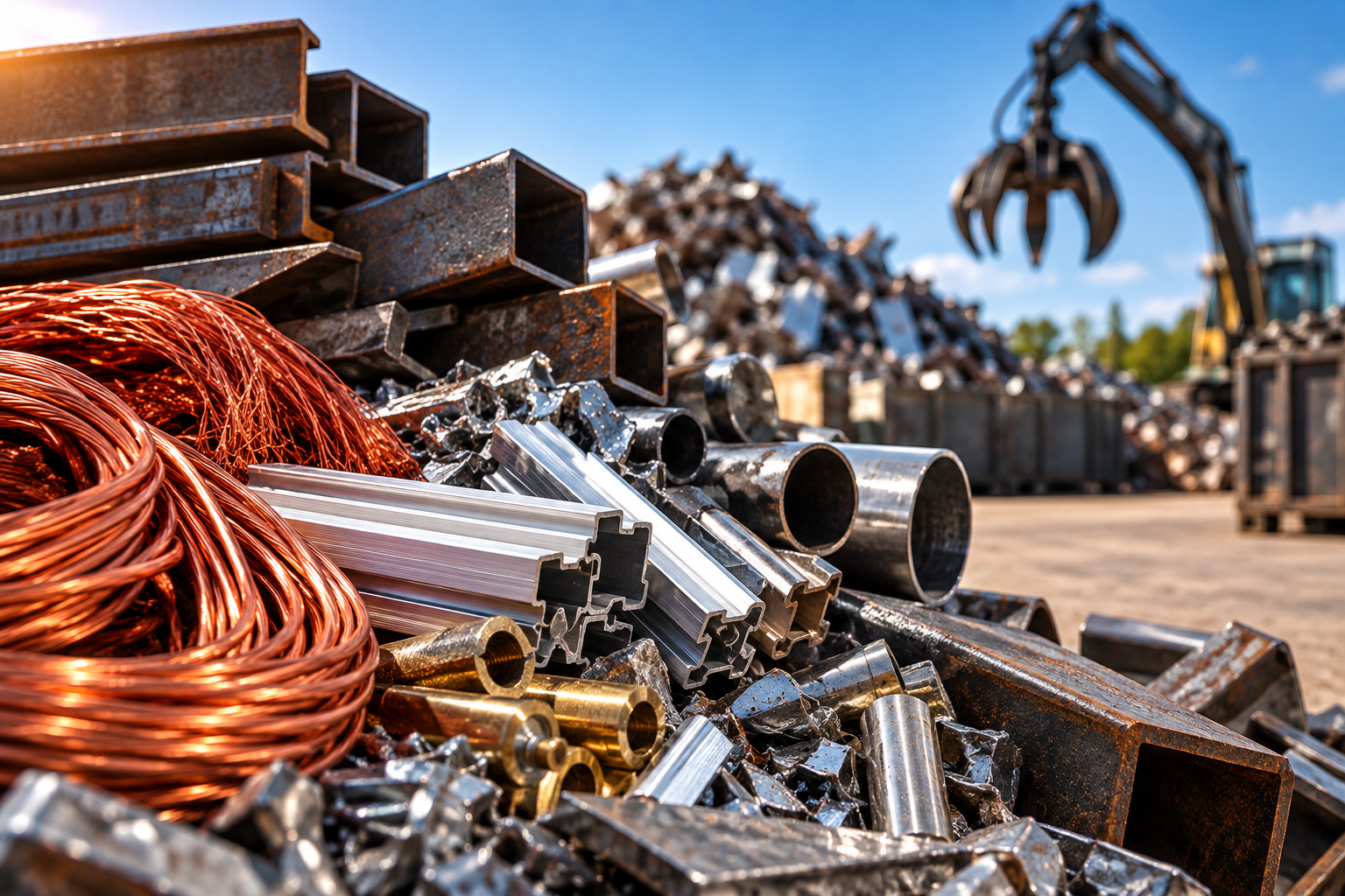 Copper wire, aluminum extrusion, brass and structural steel sorted in a scrap yard