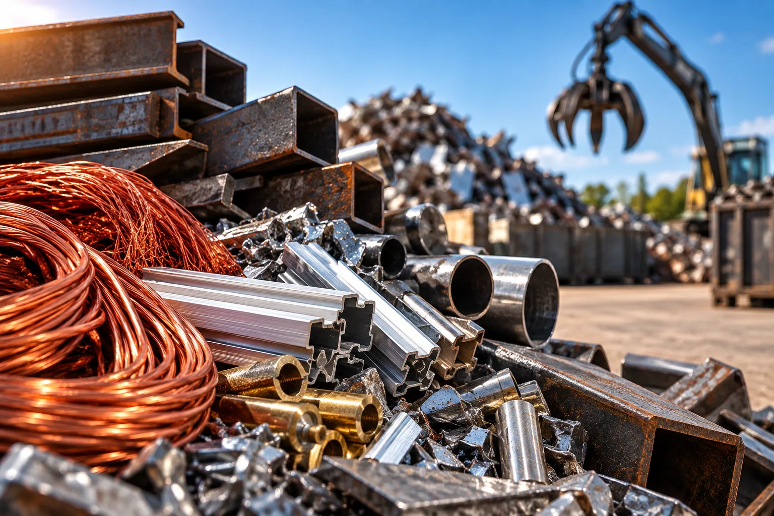 Copper wire, aluminum extrusion, brass and structural steel sorted in a scrap yard