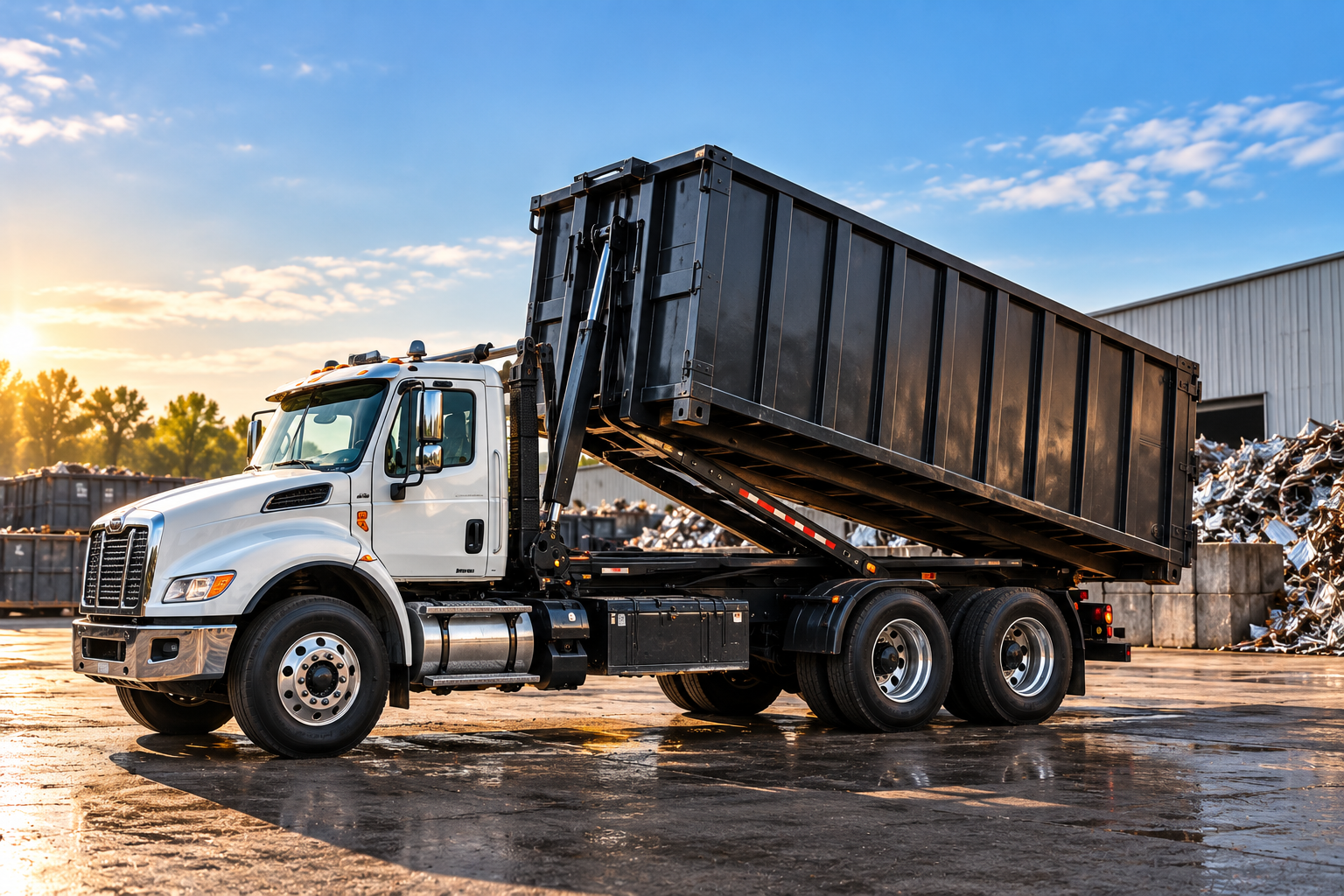 A roll-off truck collecting a container of scrap