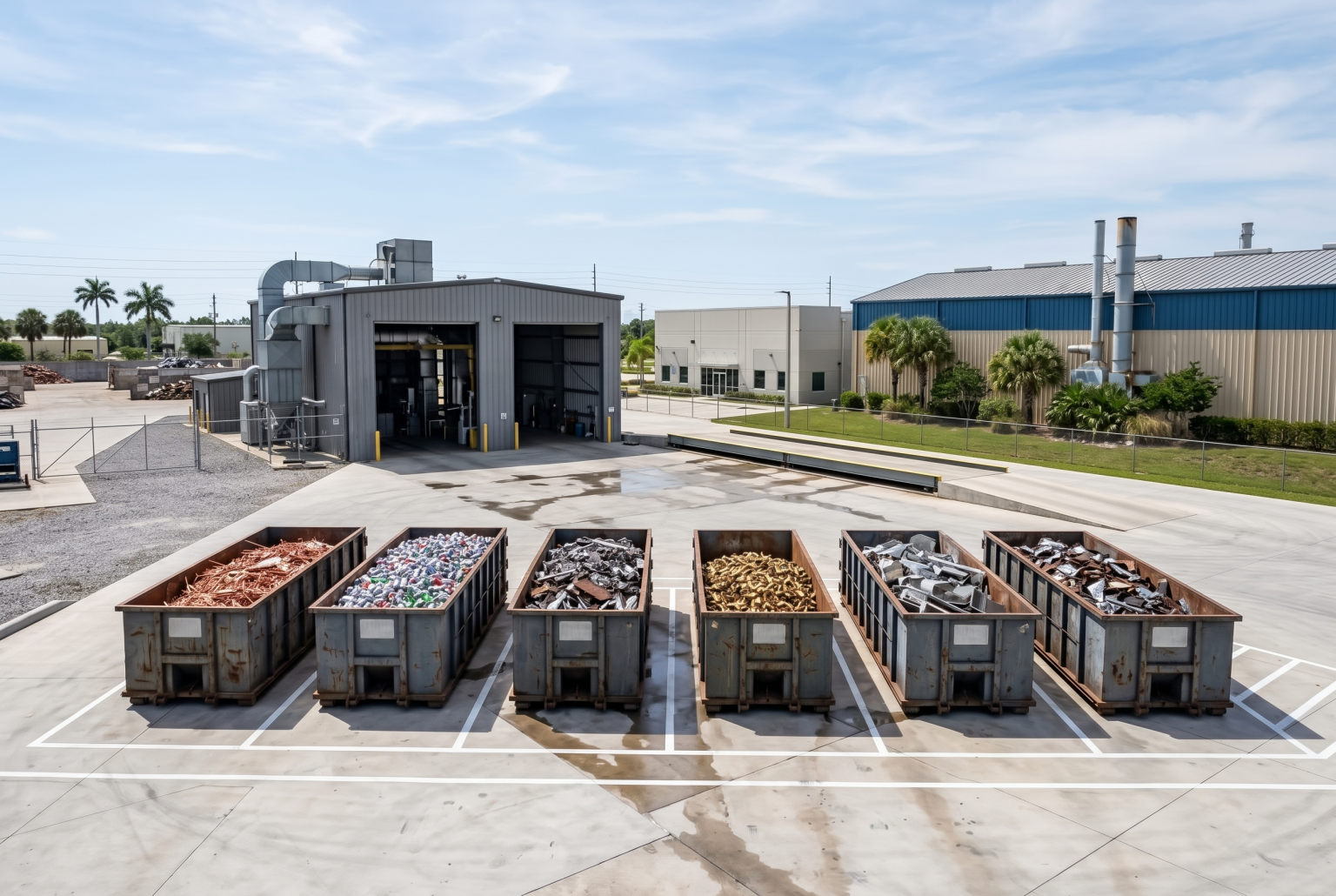 A row of roll-off containers holding sorted copper, aluminum, steel and brass on marked concrete at a recycling facility