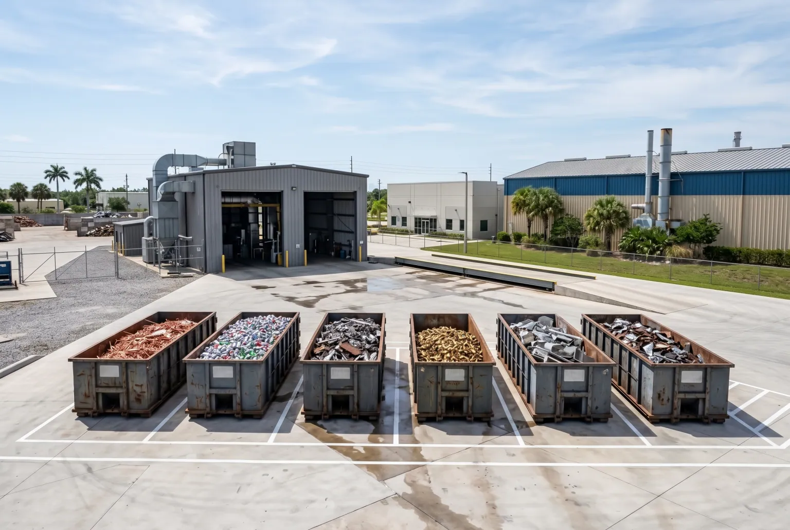 A row of roll-off containers holding sorted copper, aluminum, steel and brass on marked concrete at a recycling facility