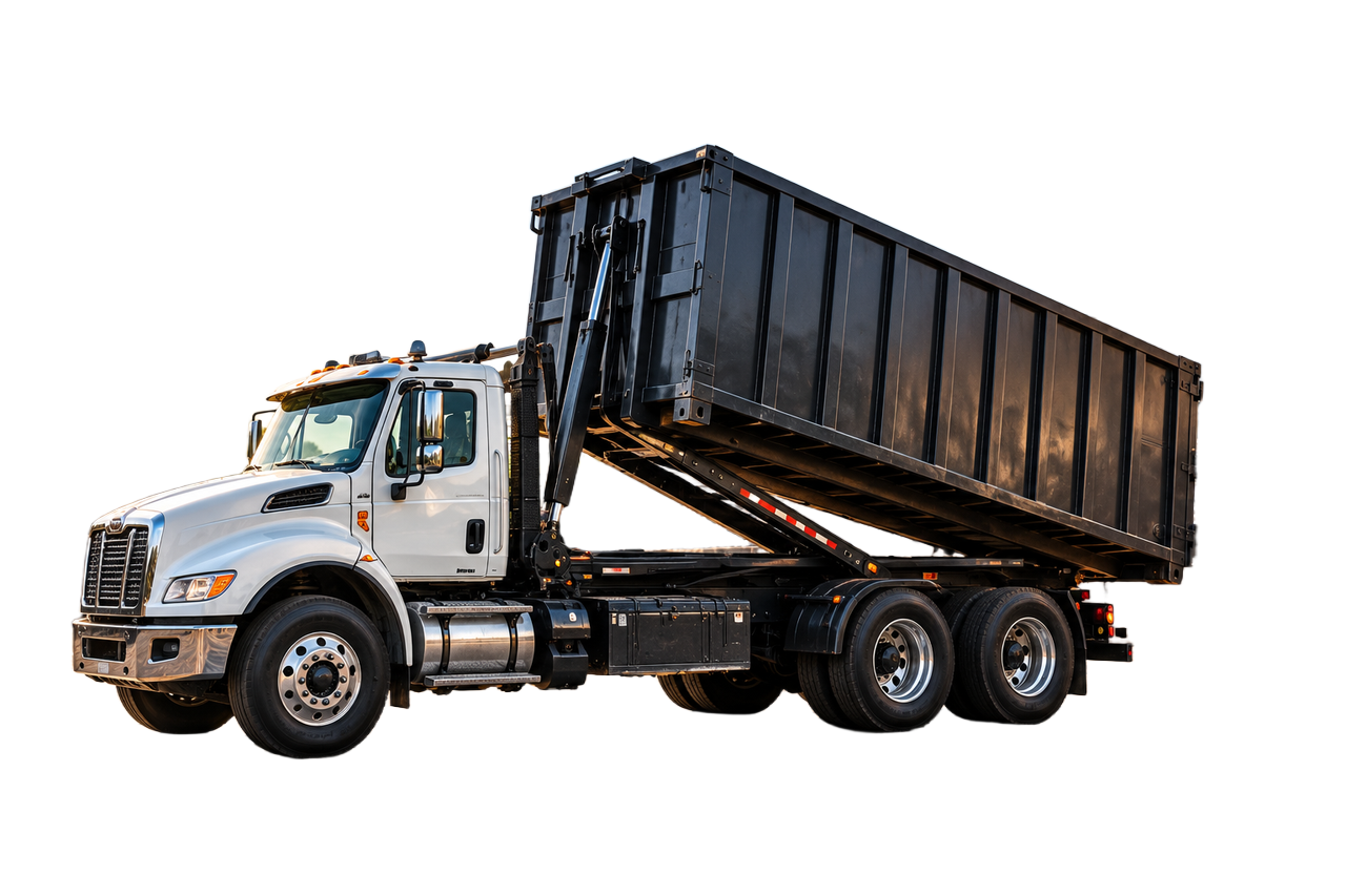A roll-off truck tipping a container of scrap